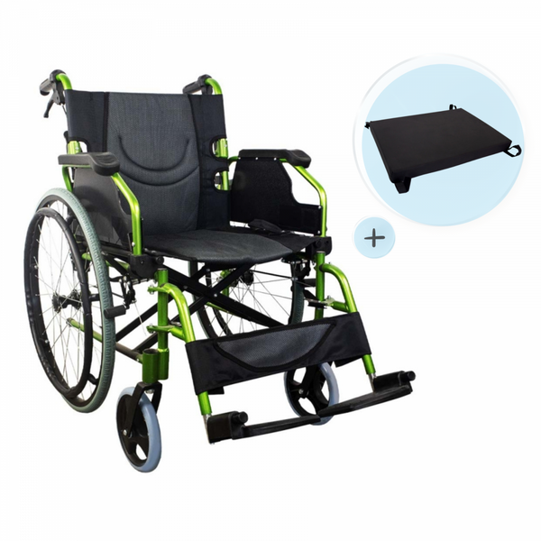 Pack Bolonia Plus | Folding wheelchair | Green | Aluminum | Anti-decubitus cushion | Viscoelastic | Mobiclinic