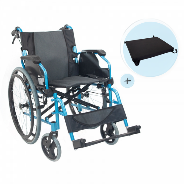 Pack Bolonia Plus | Folding wheelchair | Blue | Aluminum | Anti-decubitus cushion | Viscoelastic | Mobiclinic