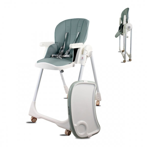 Highchair with wheels | Evolutive | Adjustable height | Foldable | Removable tray | Support harness | Green | Simba | Mobiclinic