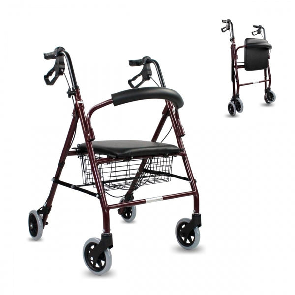 Walker with 4 Wheels | Ultralight Aluminium | Foldable with Brakes | Seat and Backrest | Burgundy |Model: Escorial | Mobiclinic