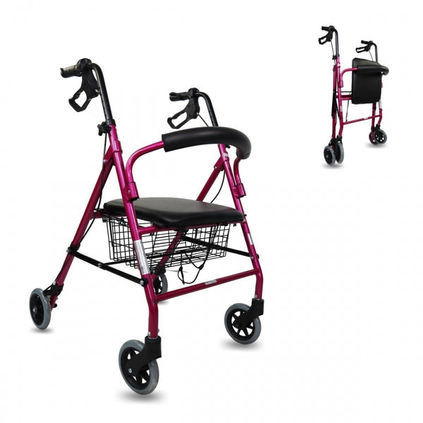 Walker with 4 Wheels | Ultralight Aluminium | Foldable with Brakes | Seat and Backrest | Pink |Model: Escorial | Mobiclinic