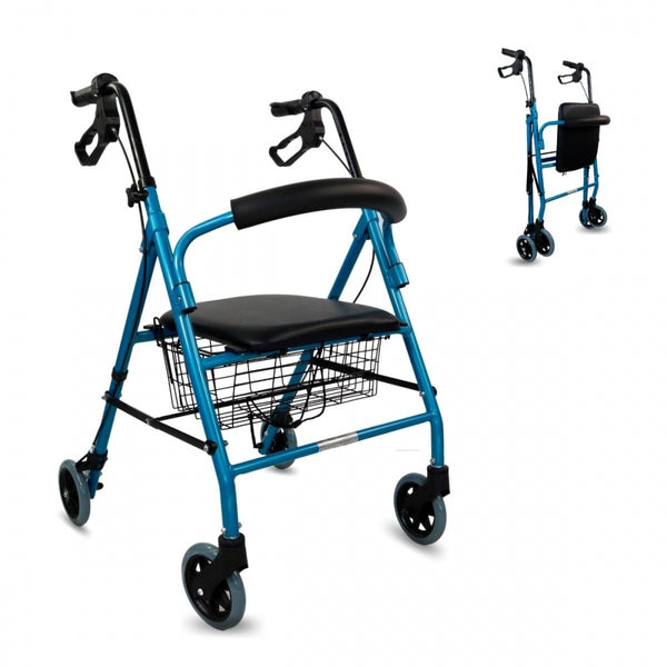 Walker with 4 Wheels | Ultralight Aluminium | Foldable with Brakes | Seat and Backrest | Blue | Model: Escorial | Mobiclinic