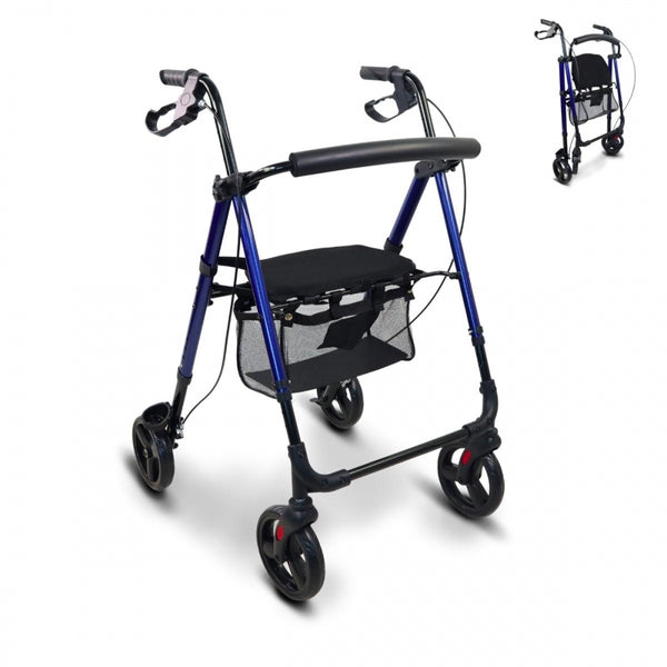 Walker with 4 Wheels and Brakes | Foldable and Adjustable | Seat and Backrest | Ultralight Aluminium | Blue | Augusto | Mobiclinic