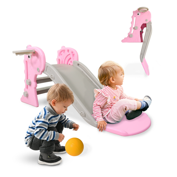 Children's slide | Foldable | Basket and ball | Round edges | Non-slip steps | Max. 35 kg | Pink | Dino| Mobiclinic