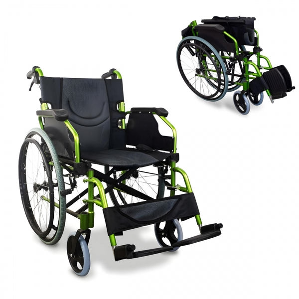 Folding wheelchair | Aluminum | Split backrest | Folding armrests | Green | Bolonia | Mobiclinic