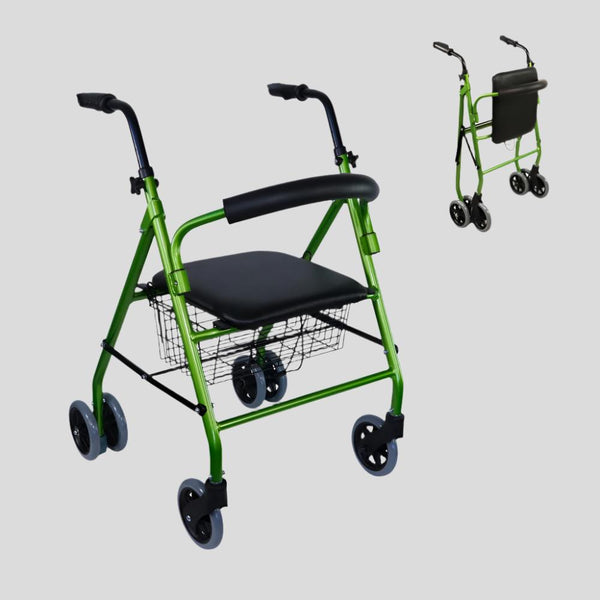 Folding walker | Seat and backrest | Aluminium | Basket | For seniors | Green | Model Prado | Mobiclinic