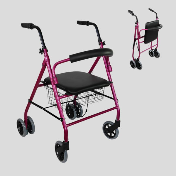 Folding walker | Seat and Backrest | Aluminium | Basket | For seniors | Pink | Prado | MOBICLINIC