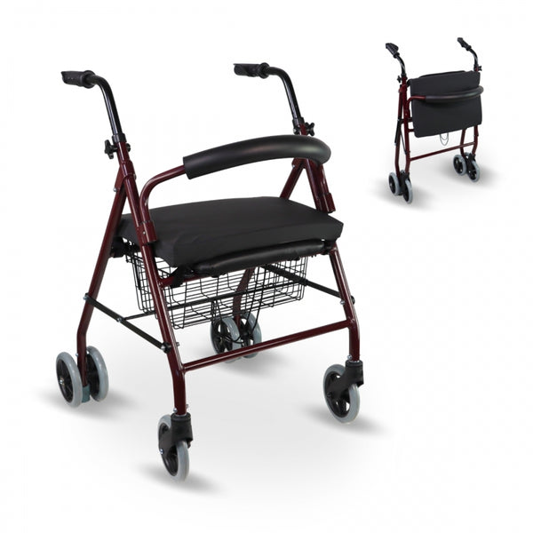 Pack folding walker and special anti-decubitus cushion | Backrest | Aluminium | Basket | Burgundy | Prado Plus | Mobiclinic