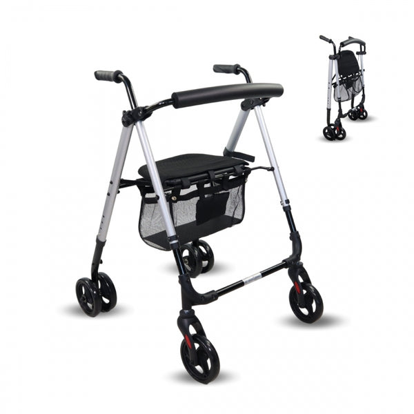 Walker with 4 Wheels and Pressure Brakes | Foldable and Adjustable | Basket and Seat | Blue | Dehesa | Mobiclinic