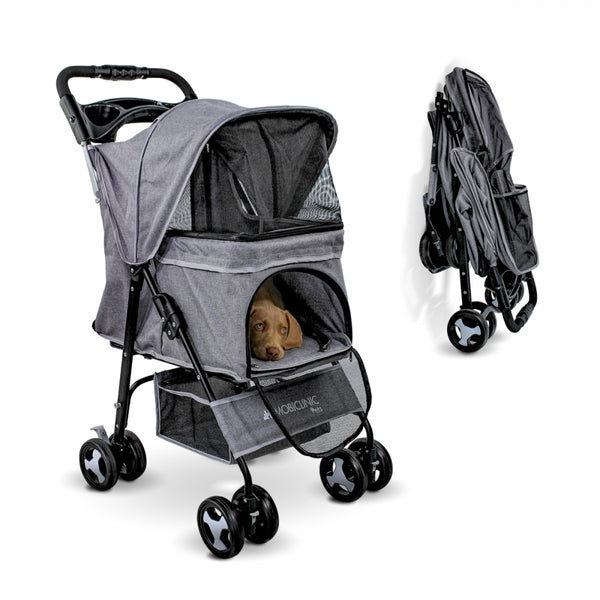 Dog stroller | Foldable |Wheels with brake and 360º |3 accesses |With awning| Storage basket and cup holder |Grey| Mobiclinic