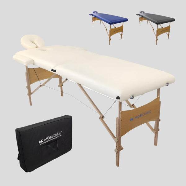 Foldable Massage Table | Headrest | Portable | Wood | 186x60cm | Cream | Leather Upholstery | Model: CM-01| Mobiclinic