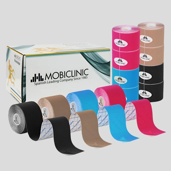 Pack of 4 Kinesiotape | Pink, Blue, Black and Beige | Waterproof | Neuromuscular bandage | 5mx5cm | Mobitape | Mobiclinic