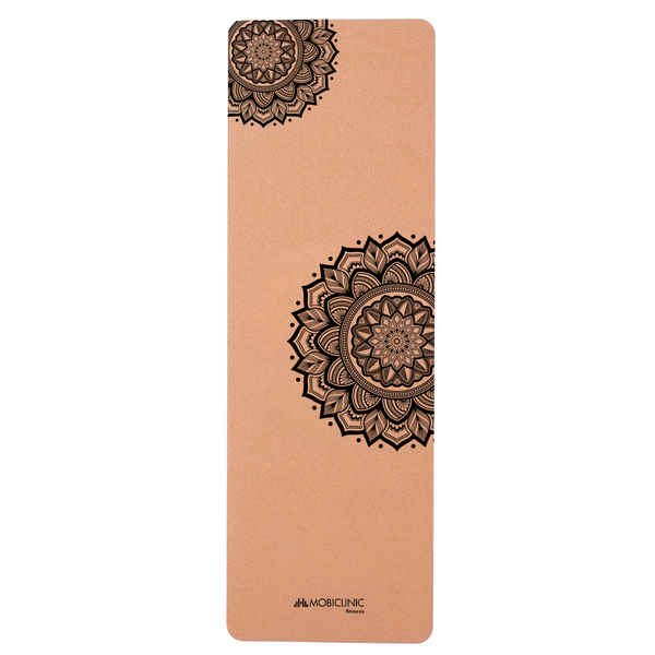 Natural Cork Mat | Recyclable TPE | Eco-Friendly | Antimicrobial | Non-Slip | Balanced Cushioning | Mandala Design | Includes Carry Bag | 183x61 cm