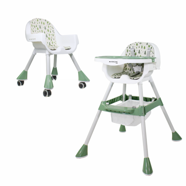 2 in 1 high chair |360º wheels |Adjustable 2 heights |Max 35kg |Tray and storage| Evolutive| White green |Forest |Mobiclinic