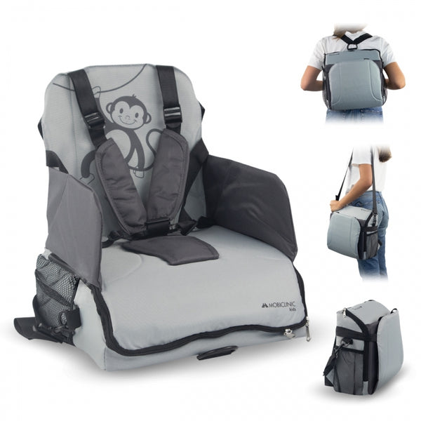 Travel highchair with storage | For babies | Foldable | With pocket and handle | Up to 15 kg | Gray | Monkey | Mobiclinic