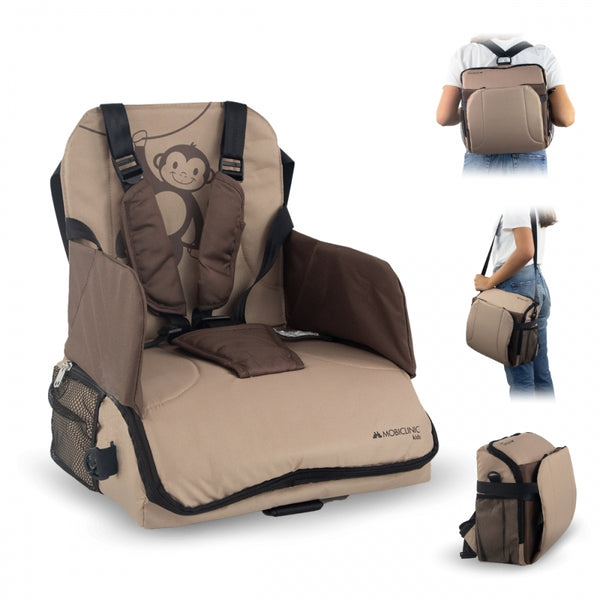 Travel highchair with storage| For babies | Foldable | With pocket and handle | Up to 15 kg | Beige | Monkey | Mobiclinic