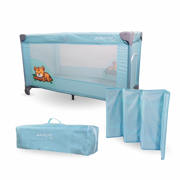 Travel Crib with Wheels | Portable | Foldable | Durable | Breathable Fabric | Carry Bag | Blue | Mofli |Mobiclinic