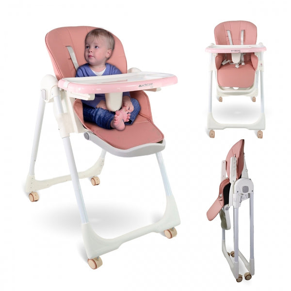 High chair with wheels | Evolutive | Adjustable height | Foldable | Removable tray | Support harness | Pink | Simba | Mobiclinic