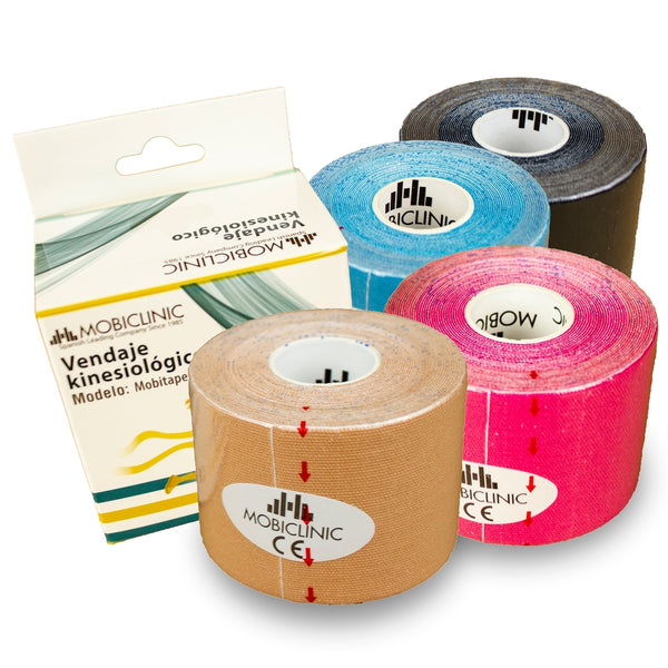 Pack of 4 Kinesiotape | Pink, Blue, Black and Beige | Waterproof | Neuromuscular bandage | 5mx5cm | Mobitape | Mobiclinic
