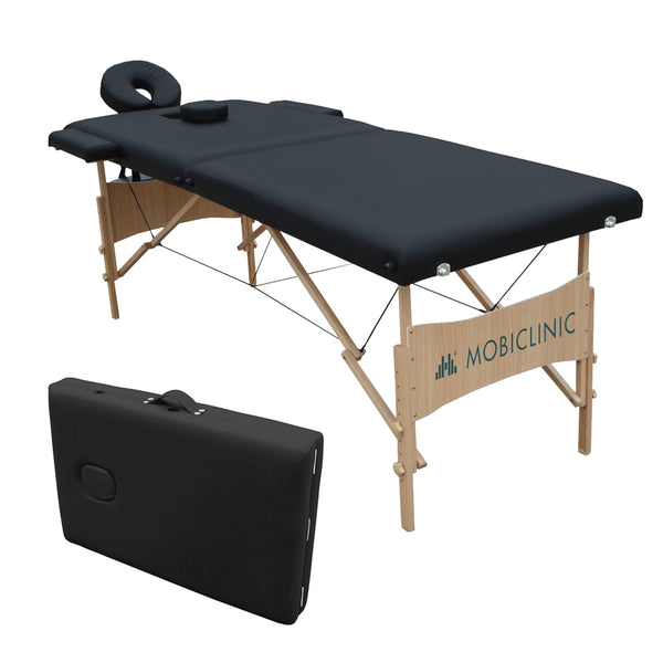 Foldable Massage Table | Headrest | Portable | Wood | 186x60cm | Black | Leather Upholstery | Model: CM-01| Mobiclinic