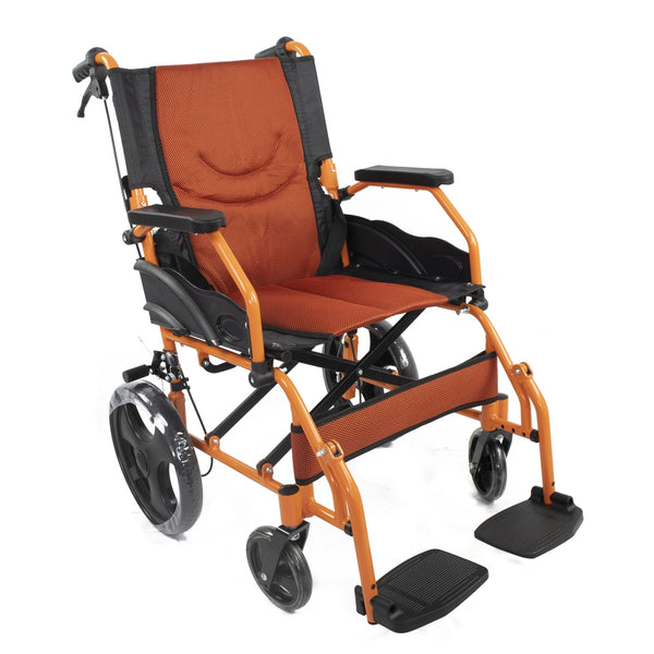 Wheelchair | Foldable | Aluminum | Breaks | Footrests | Armrest | Orange | Pyramid | Mobiclinic