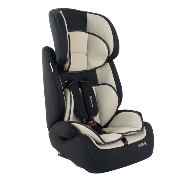 Isofix baby car seat 1 2 3 | Side protections | From 9 to 36 kg | Removable backrest | Beige | Lionfix | Mobiclinic