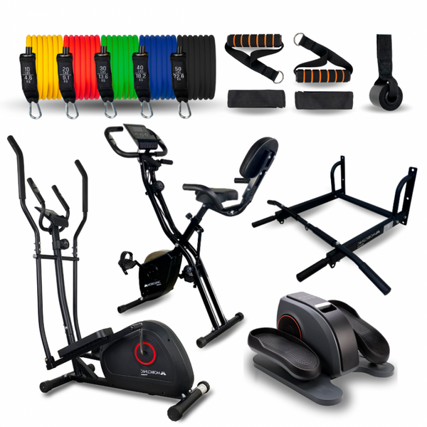 Home Gym Fitness Pack| Elastic tubes | Bottom bracket | Pull-up bar | Stationary bike | Elliptical | Mobiclinic